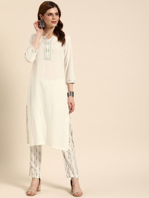 

IMARA Women White Solid Kurta Set With Embroidered Detailing
