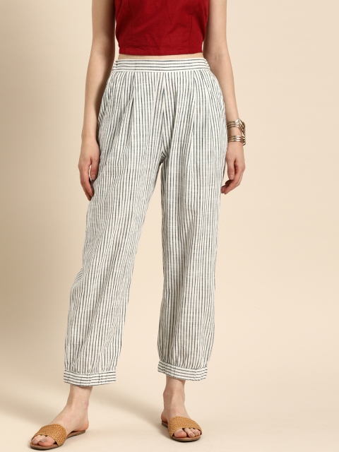 

IMARA Women Off-White & Black Loose Fit Striped Anti Fit Trousers