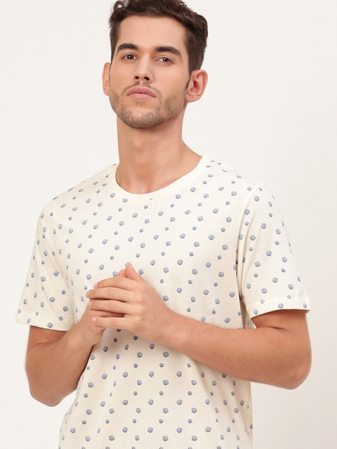 

Mast & Harbour Men Off-White & Blue Printed Round Neck T-shirt