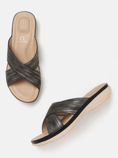 

Carlton London Women Gunmetal-Toned Textured Open Toe Flats, Metallic