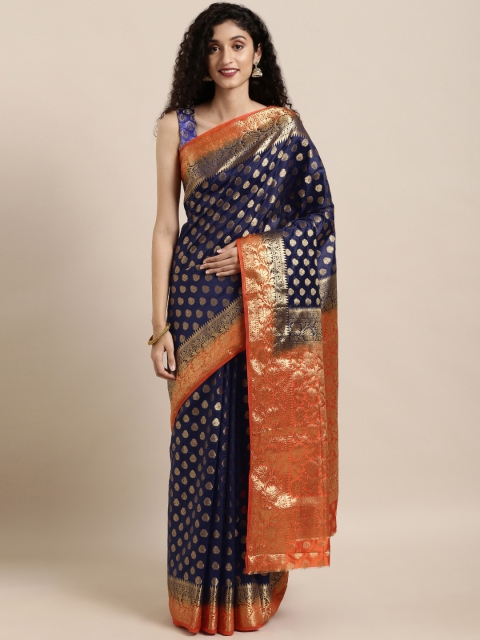 

Rajnandini Navy Blue & Orange Woven Design Saree