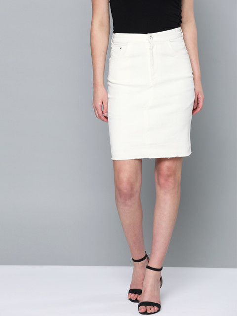 

Trend Arrest Women Off-White Solid Denim Straight Skirt