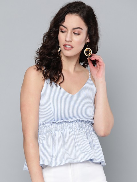 

Trend Arrest Women White & Blue Striped Peplum Pure Cotton Top