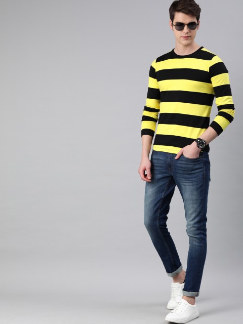 

Urbano Fashion Men Yellow & Black Striped Slim Fit Round Neck T-shirt
