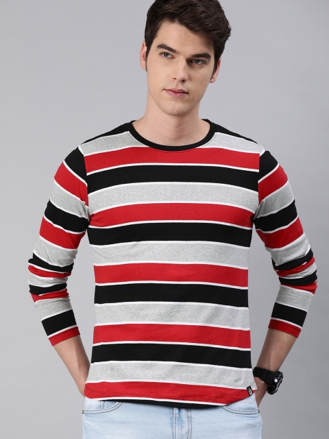 

Urbano Fashion Men Grey & Red Striped Slim Fit Round Neck T-shirt