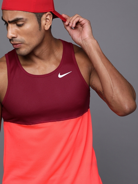 

Nike Men Maroon & Coral Pink Dri-Fit Colourblocked BREATHE RUN Round Neck Running T-shirt