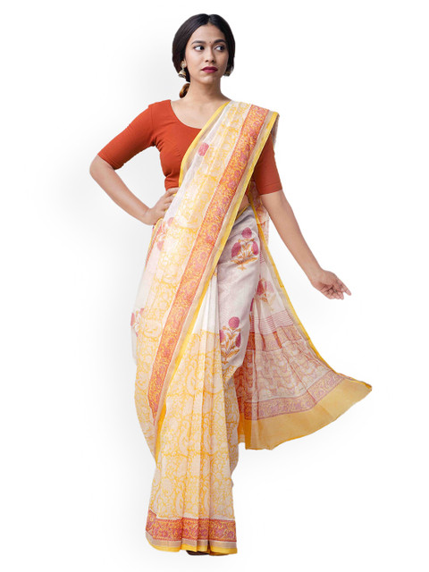 

Unnati Silks Off-White & Red Silk Cotton Printed Chanderi Sico Handloom Sustainable Saree