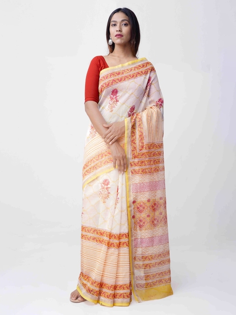 

Unnati Silks Cream-Coloured & Yellow Silk Cotton Block Print Handloom Chanderi Sustainable Saree