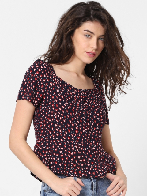

ONLY Women Navy Blue & Red Heart Print Top With Smocking Detail