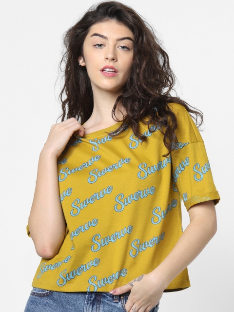 

ONLY Women Olive Green Blue Boxy Fit Printed Round Neck Pure Cotton T-shirt