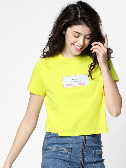 

ONLY Women Fluorescent Green Printed Round Neck Cropped T-shirt