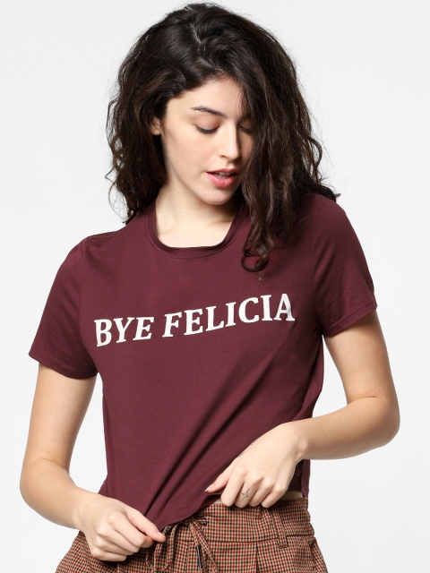 

ONLY Women Burgundy Printed Round Neck Pure Cotton T-shirt