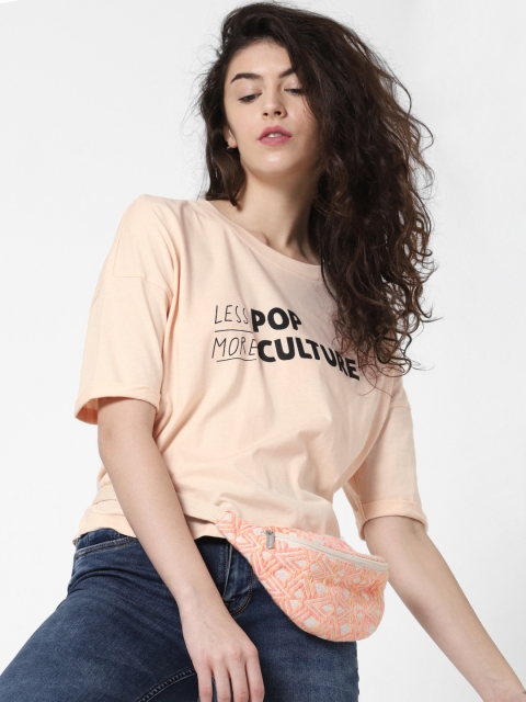 

ONLY Women Peach-Coloured Printed Round Neck Pure Cotton T-shirt