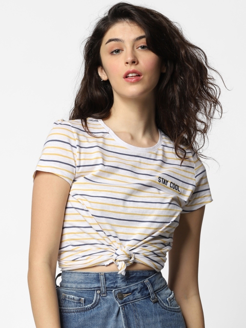 

ONLY Women White & Yellow Striped Round Neck T-shirt