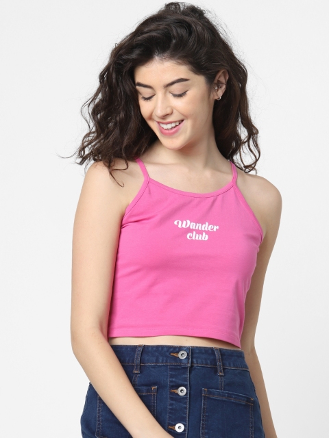 

ONLY Women Pink Solid Cropped Knitted Pure Cotton Top With Printed Detailing