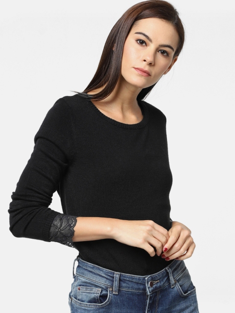 

ONLY Women Black Solid Pullover Sweater with Lace Inserts