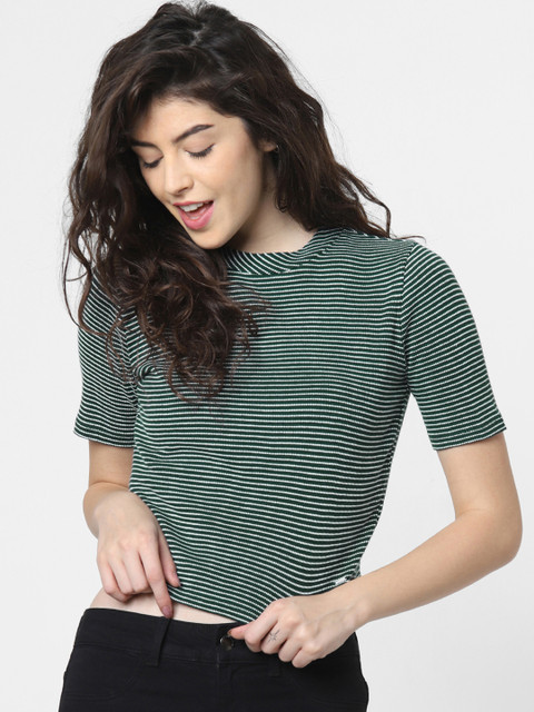 

ONLY Women Green & White Striped Knitted Cropped Pure Cotton Top