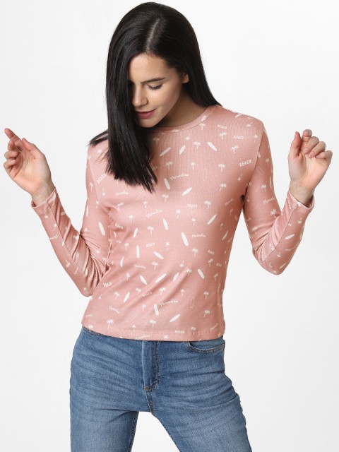 

ONLY Women Pink & White Printed Round Neck T-shirt