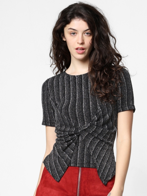

ONLY Women Black Striped Sequinned Cinched Waist Top