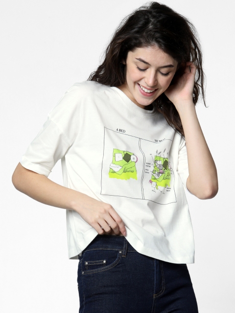 

ONLY Women White Printed Round Neck Pure Cotton T-shirt