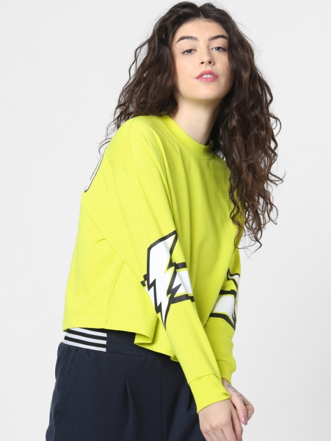 

ONLY Women Fluorescent Green Solid Sweatshirt With Printed Sleeves