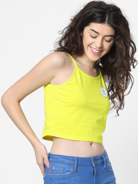 

ONLY Women Fluorescent Green Solid Cropped Knitted Pure Cotton Top With Printed Detailing