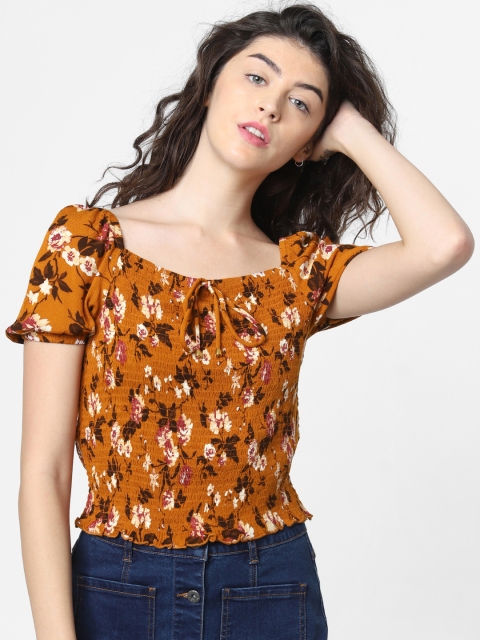 

ONLY Women Brown & Beige Printed Smocked Top