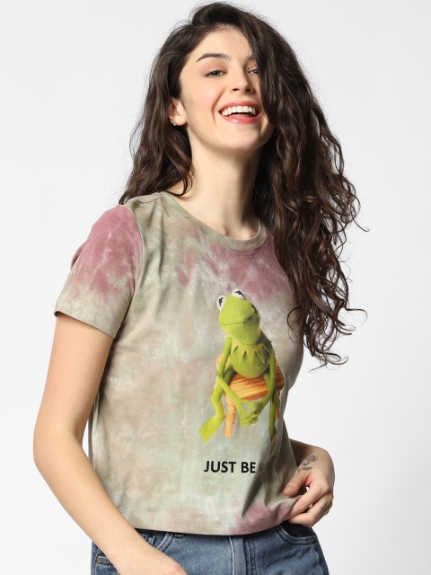 

ONLY Women Green Mauve Printed Round Neck Pure Cotton T-shirt