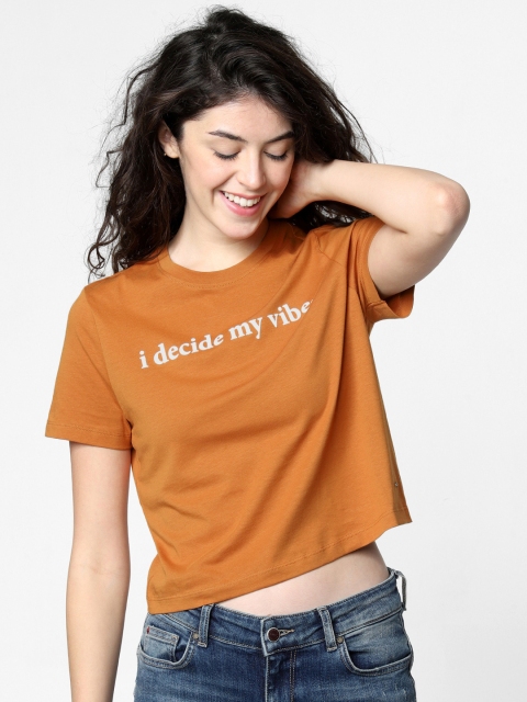 

ONLY Women Brown Printed Round Neck Cropped Pure Cotton T-shirt