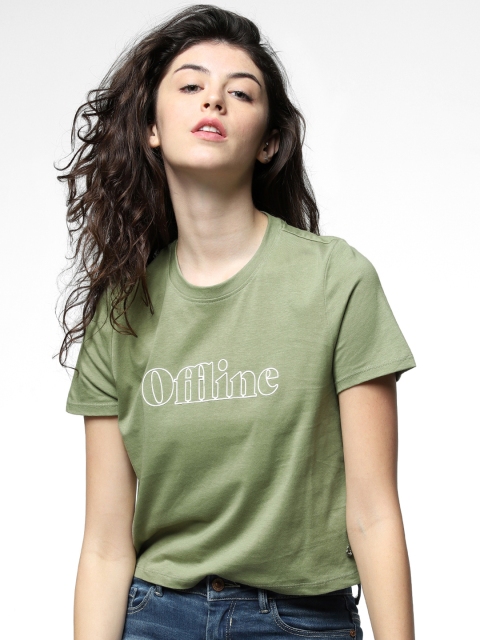 

ONLY Women Olive Green Printed Round Neck T-shirt