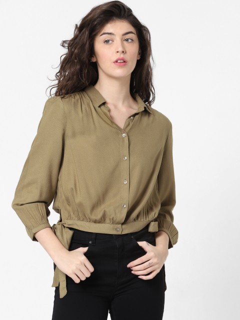 

ONLY Women Olive Green Regular Fit Self Design Casual Shirt With Waist Tie-Up Detail