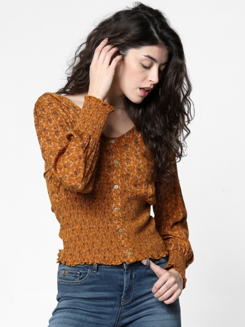 

ONLY Women Orange & Navy Blue Printed Top With smocking Detail