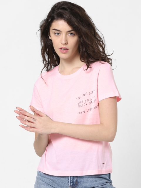 

ONLY Women Pink Solid Round Neck T-shirt