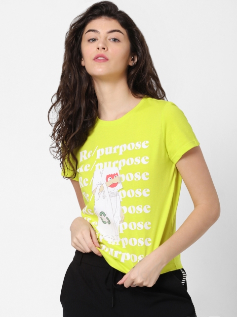

ONLY Women Fluorescent Green White Printed Round Neck Pure Cotton T-shirt