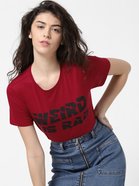 

ONLY Women Red Printed Round Neck T-shirt