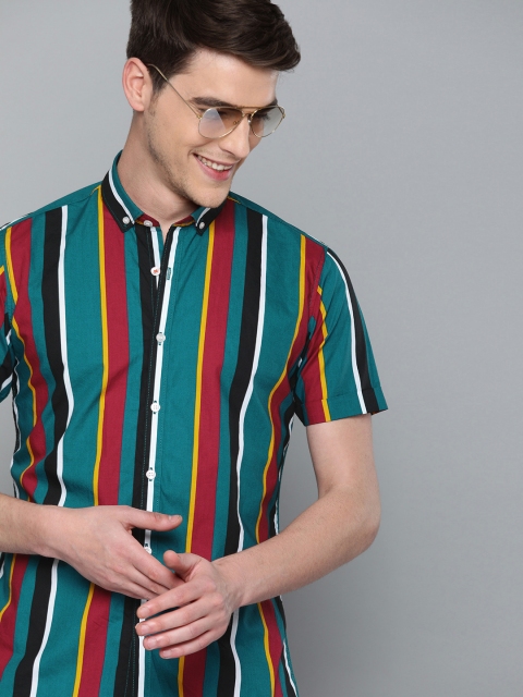 

Mast & Harbour Men Teal Blue & Red Regular Fit Striped Casual Shirt