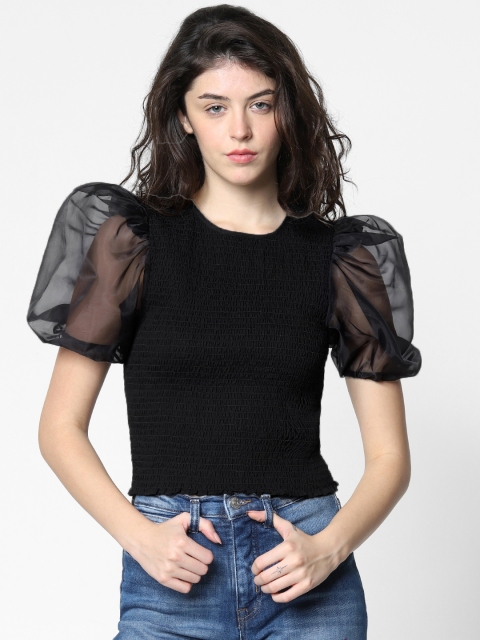 

ONLY Women Black Solid Fitted Pure Cotton Top With Smocked Detailing