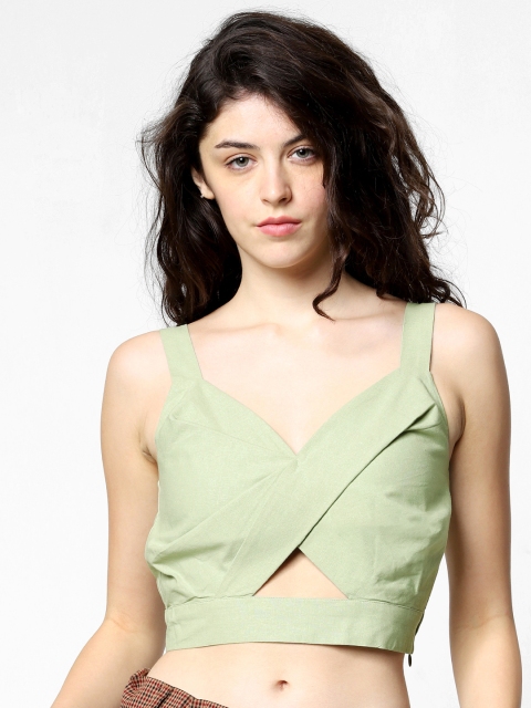 

ONLY Women Green Solid Cropped Pure Cotton Top With Cut-Out Detail