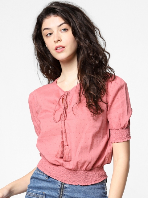 

ONLY Women Pink Self Design Cinched Waist Pure Cotton Top