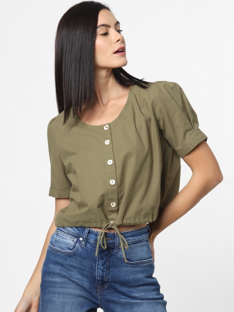 

ONLY Women Olive Green Solid Pure Cotton Top With Waist Tie-Up Detailing