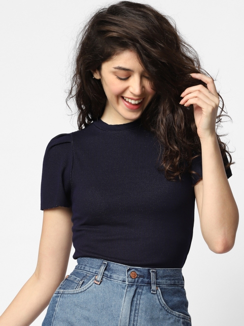 

ONLY Women Navy Blue Self-Striped Raw Edge Round Neck T-shirt