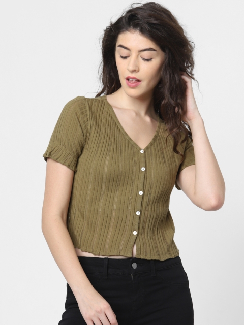 

ONLY Women Olive Green Self Design Pure Cotton Top