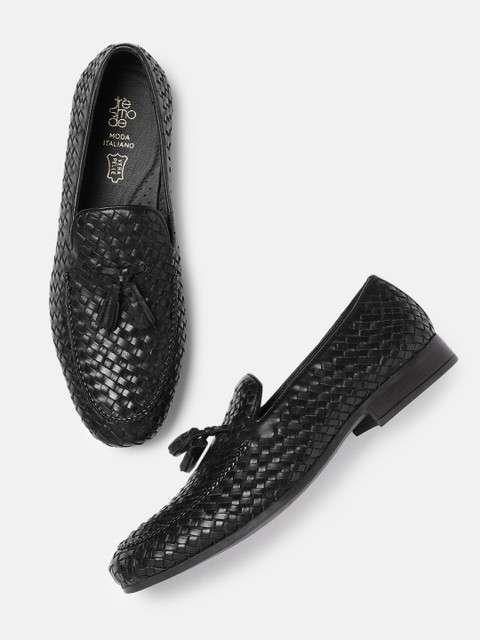 

Tresmode Men Black Woven Design Semi-Formal Leather Slip-Ons