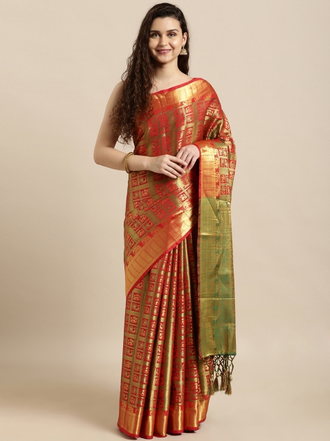 

Mitera Red & Green Silk Blend Woven Design Kanjeevaram Saree