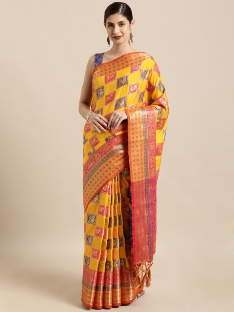 

Mitera Mustard Yellow & Blue Silk Blend Woven Design Patola Saree