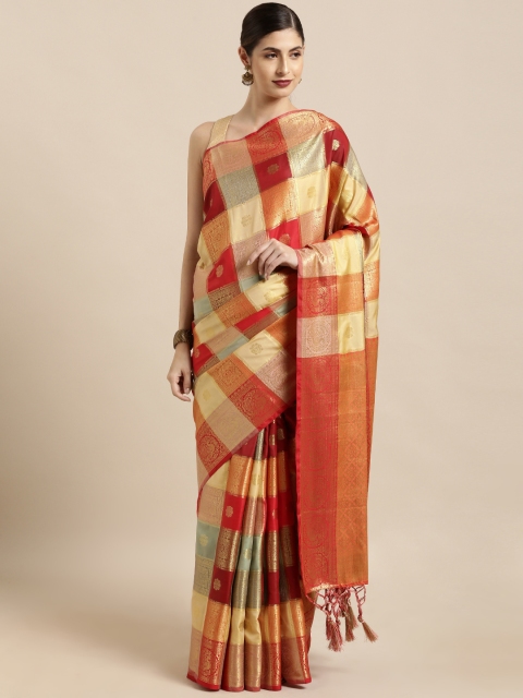 

Mitera Red & Orange Silk Blend Checked Kanjeevaram Saree