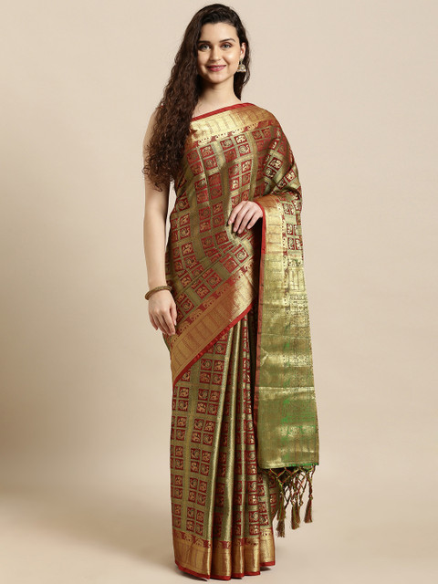 

Mitera Maroon & Green Silk Blend Woven Design Kanjeevaram Saree