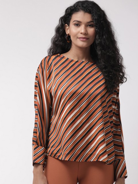 

Madame Women Rust Orange & Black Striped Top With Satin Finish