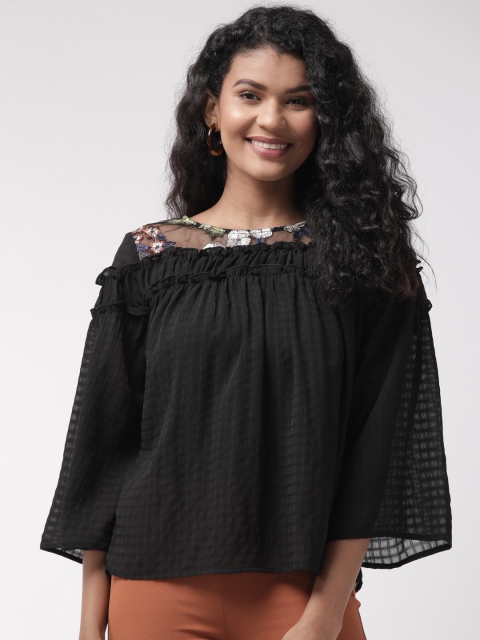 

Madame Women Black Semi-Sheer Self-Checked Top