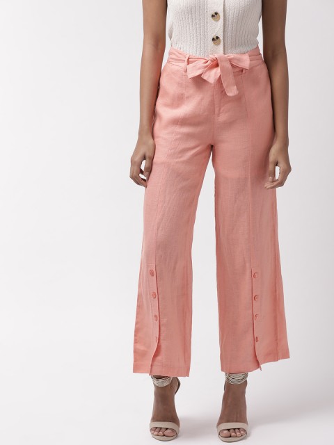

Madame Women Peach-Coloured Regular Fit Linen Solid Parallel Trousers